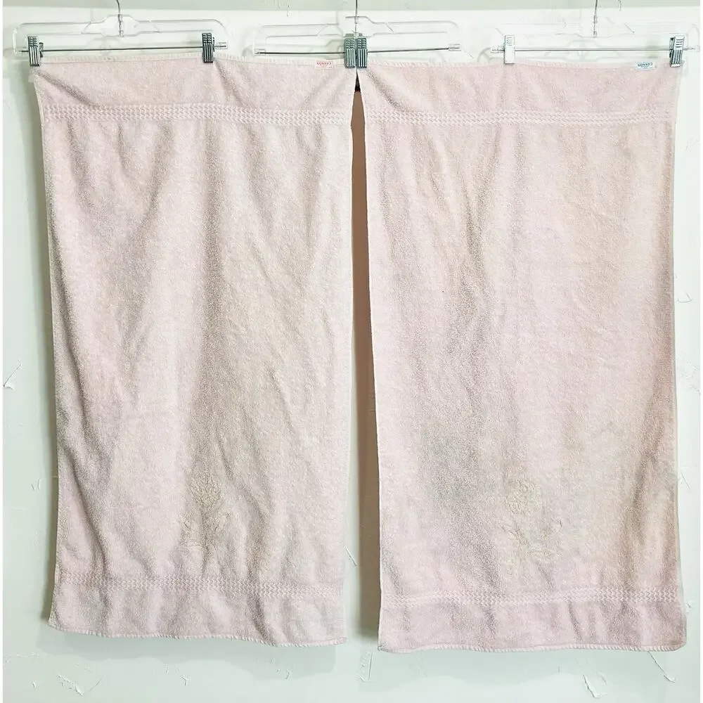 Cannon Bath Body Hand Towel Set Vintage Pink Floral Appliqué Gold Rose USA Flowe